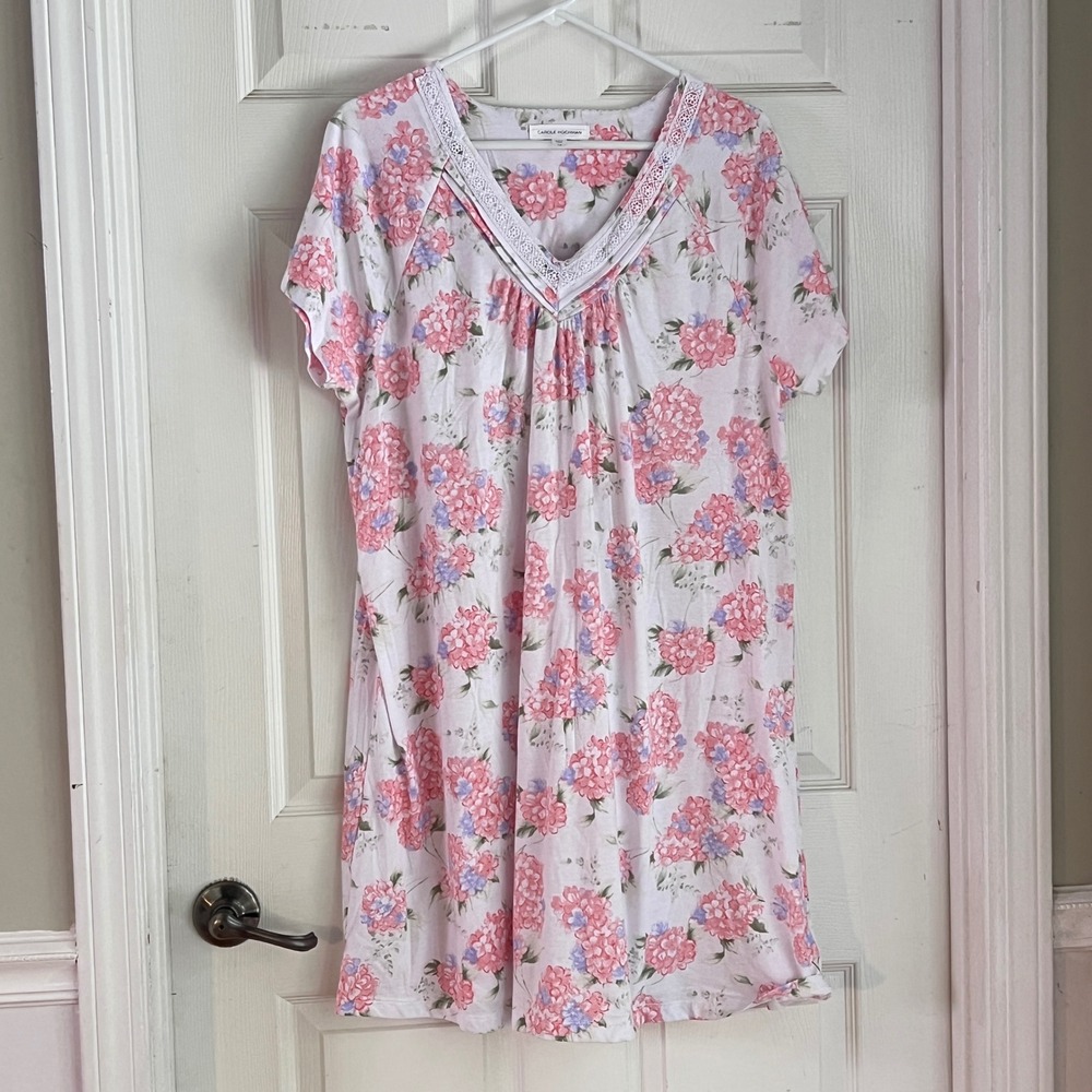 Carole Hochman Nightgown 1X Women Floral Lace V-Neck Pink White Loungewear Sleep
